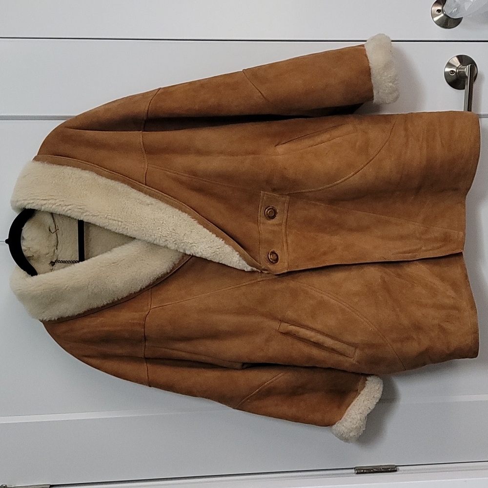 Women's Tan Shearling Coat with Cream Sherpa Collar